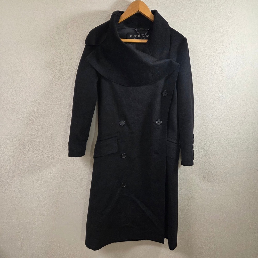 Burberry London England Black Wool Double Breasted Asymmetrical Drape Coat US 2